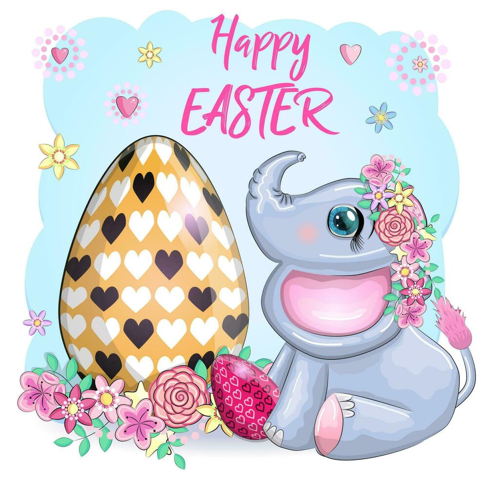 linda dibujos animados elefante, infantil personaje con hermosa ojos participación un Pascua de Resurrección huevo. contento Pascua de Resurrección vector