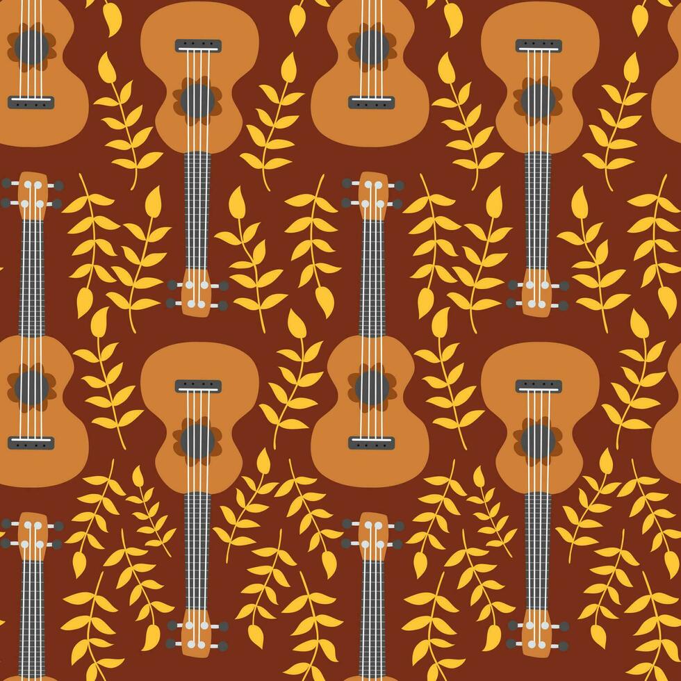 ukelele sin costura patrón, ukelele modelo con monstruo, hojas, flores, notas, inscripciones vector