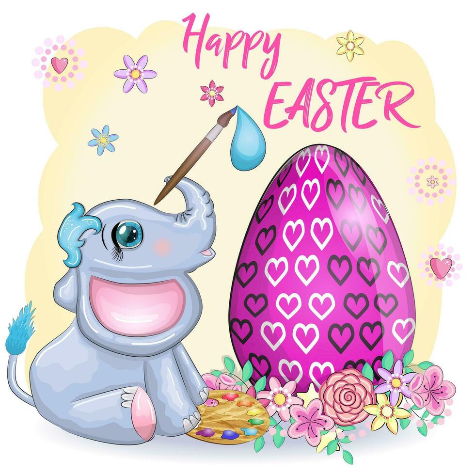 Cute cartoon elephant, childish character with beautiful eyes holding an easter egg. Happy Easter vector