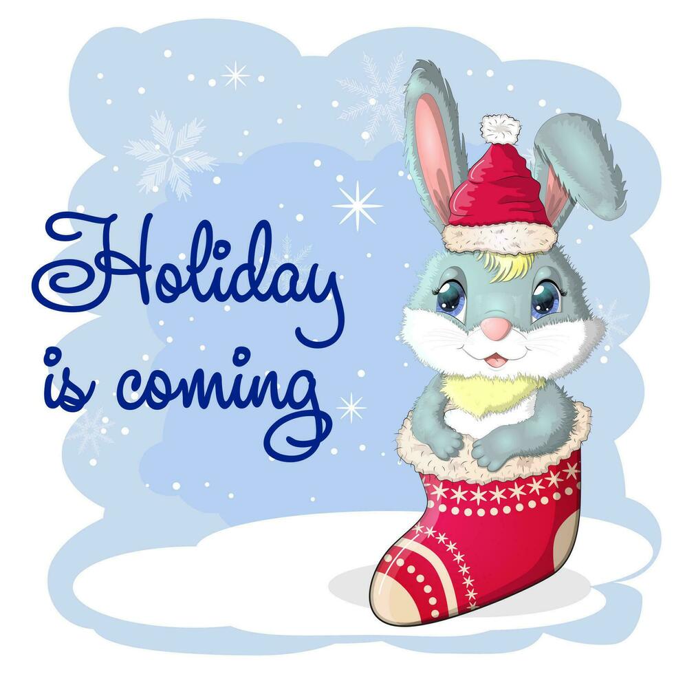 A cute cartoon rabbit in a Santa hat is sitting in a Christmas stocking. Winter 2023, Christmas and New Year vector