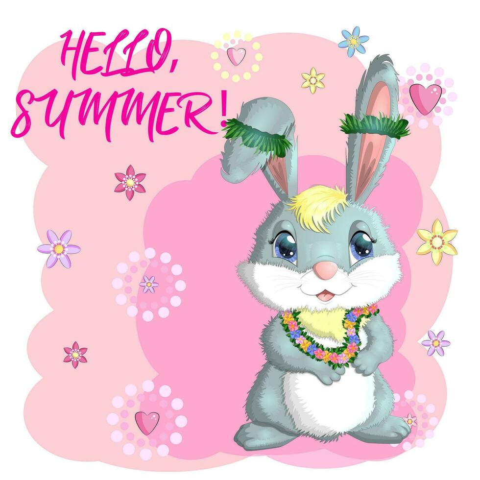 Cute rabbit, hare in Hawaiian clothes dancing hula. Wreath and garland of flowers, beach, vacation, vacation concept. vector