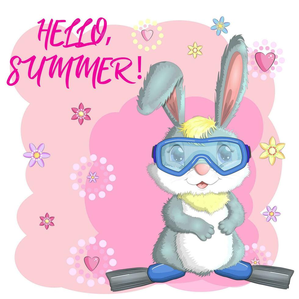 Cute rabbit, hare in a summer hat and swim ring, flippers. Beach, holiday, vacation concept. Symbol of 2023. vector