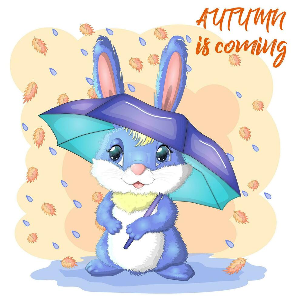 Cartoon rabbit, hare with an umbrella. Autumn, Cute childish character, symbol of 2023 Chinese New Year vector