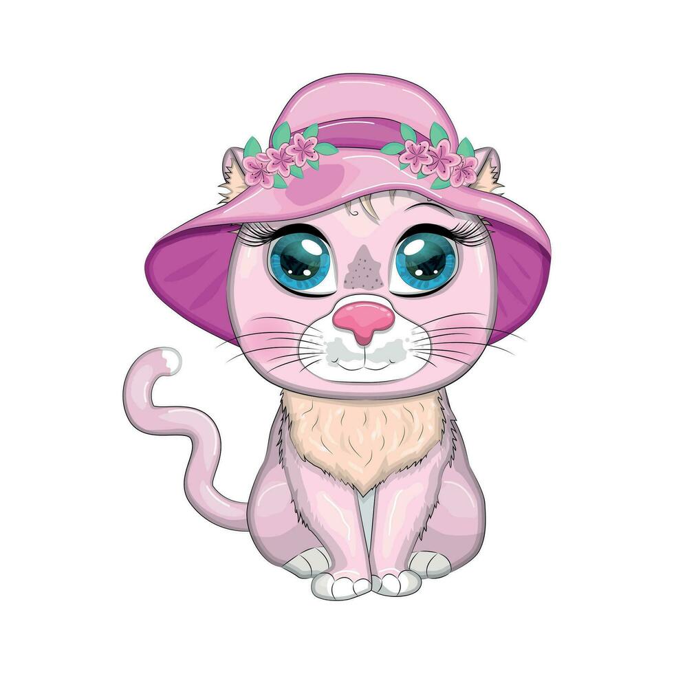 Cartoon cat in a hat with flowers. Summer, vacation. Cute child character, symbol of 2023 new chinese year vector