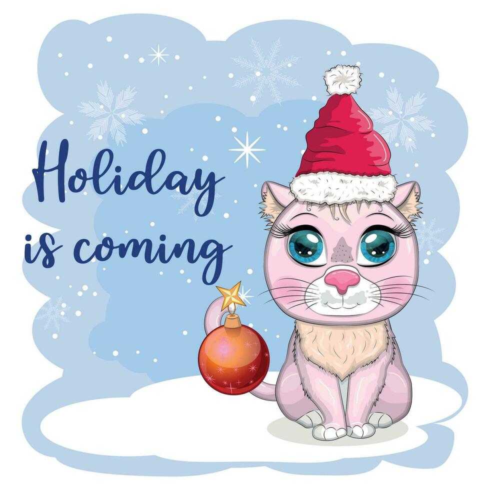 Cute cartoon cat in a Santa hat on a background of snow. Winter 2023, Christmas and Chinese New Year. vector