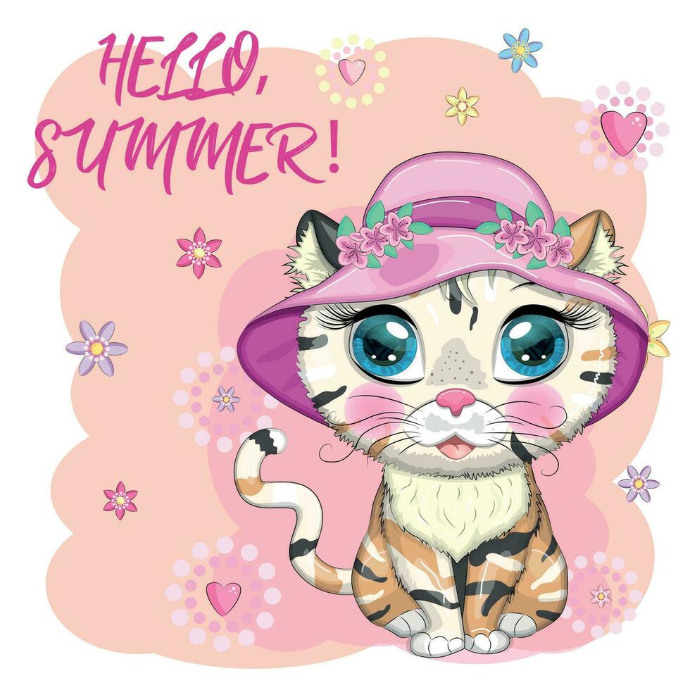 Cartoon cat in a hat with flowers. Summer, vacation. Cute child character, symbol of 2023 new chinese year vector
