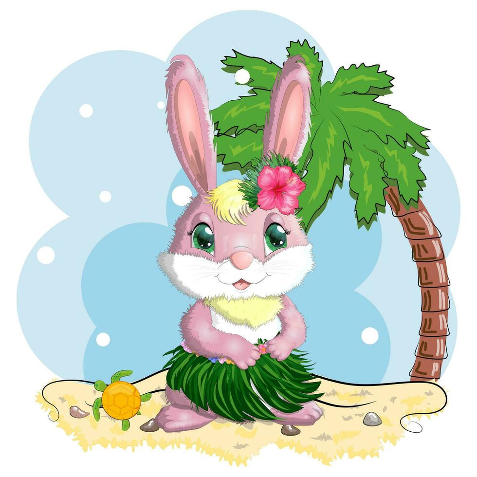 lindo conejo, liebre con ropa hawaiana bailando hula. corona y guirnalda de flores, playa, vacaciones, concepto de vacaciones. vector