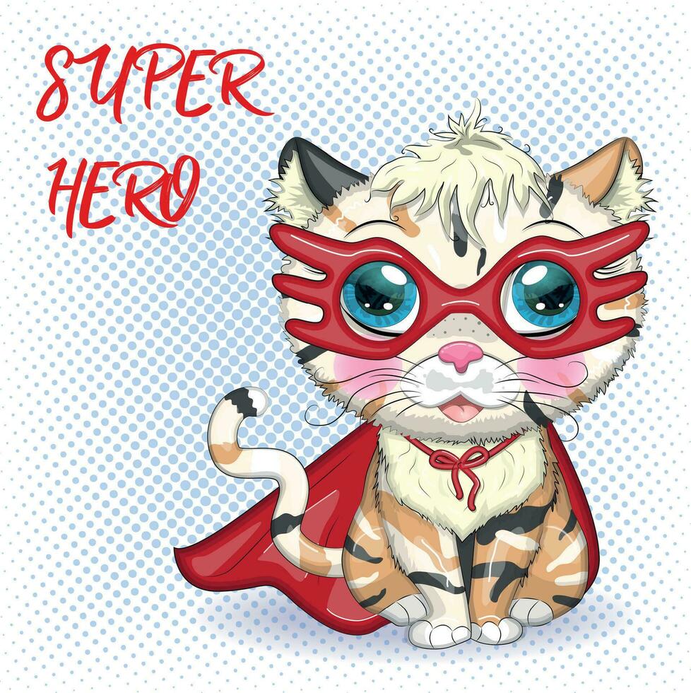 superhéroe gato de dibujos animados con una capa roja y una máscara. lindo personaje infantil, símbolo del nuevo año chino 2023 vector