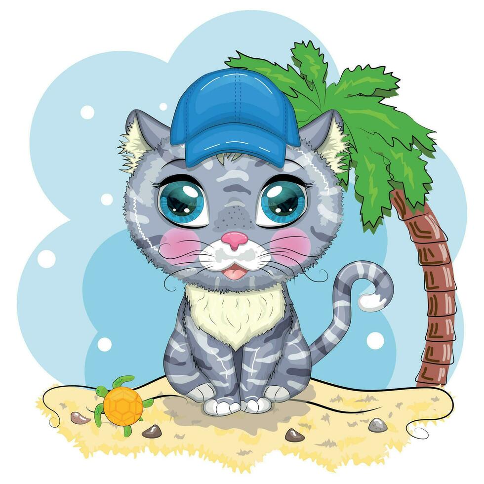 Cartoon cat in a hat with flowers. Summer, vacation. Cute child character, symbol of 2023 new chinese year. vector