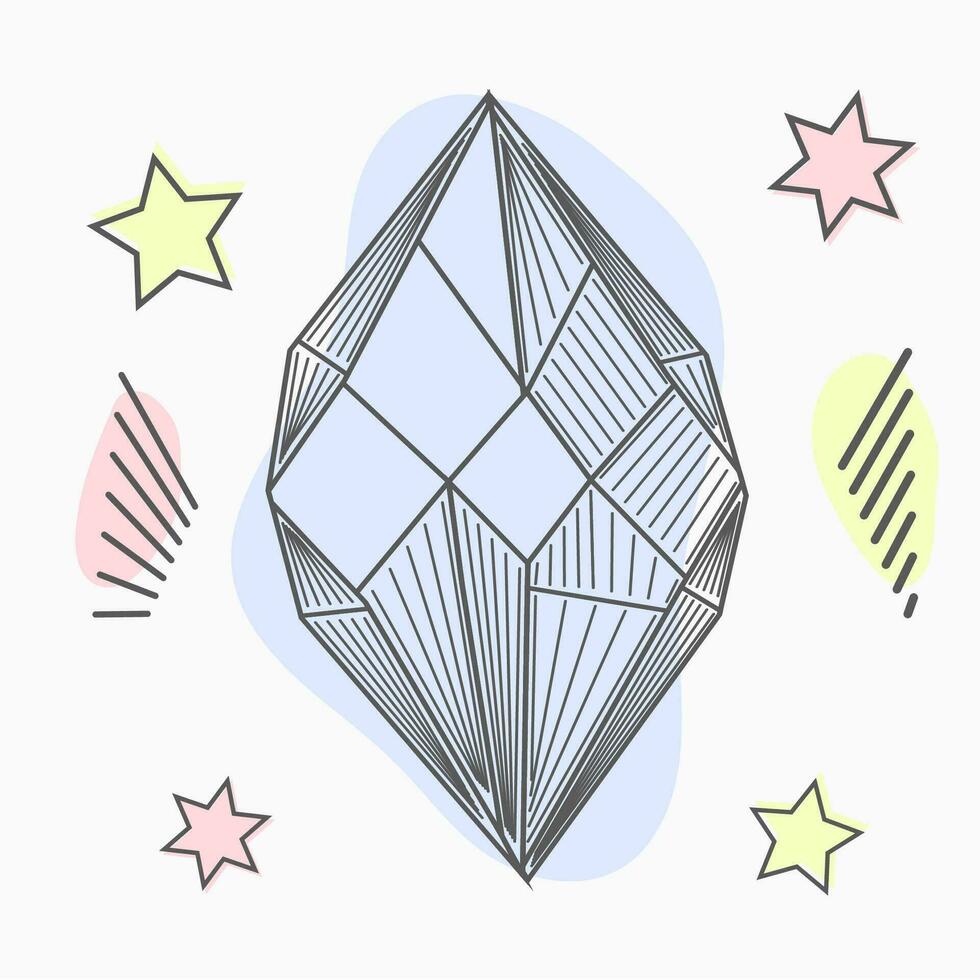 hand drawn line art crystals, isolated objects. Crystal stone crystalline gem and precious gemstone for jewellery illustration vector