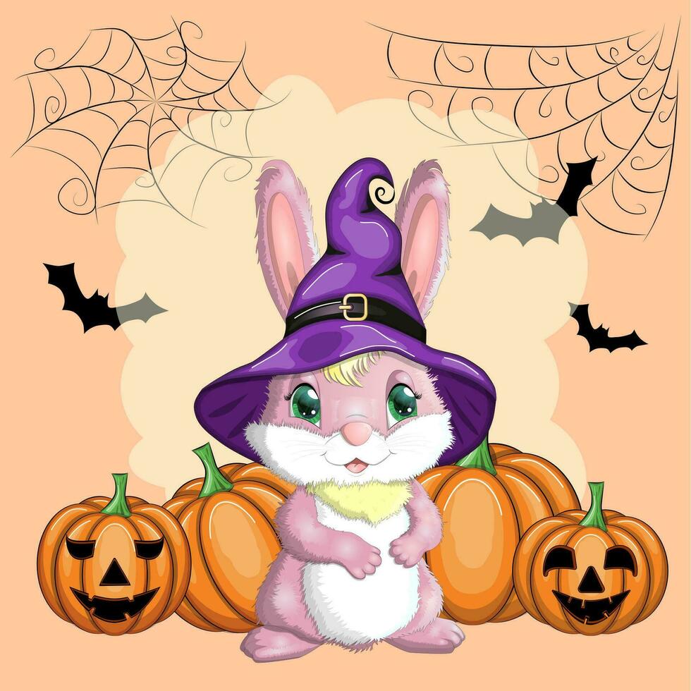 Cute Bunny in witch hat with pumpkin, broom, potion. Happy Halloween festival concept. Year 2023 hare mascot character. vector