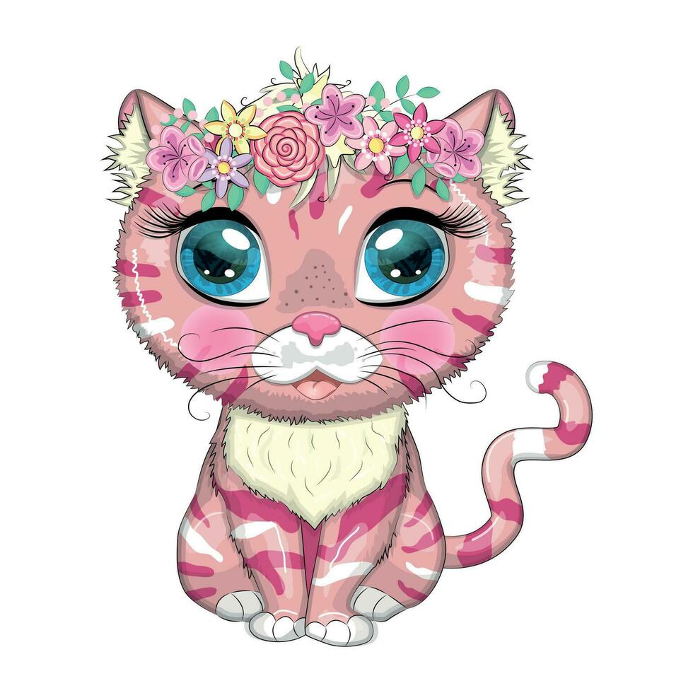 Cartoon cat with a wreath. Spring is coming. Cute child character, symbol of 2023 new chinese year vector