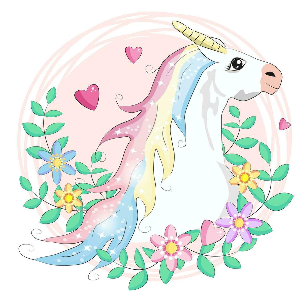 kawaii noche cielo composición con unicornio rosas estrellas y Luna creciente aislado en whte antecedentes. festivo antecedentes o saludo tarjeta. pastel godo paleta. vector