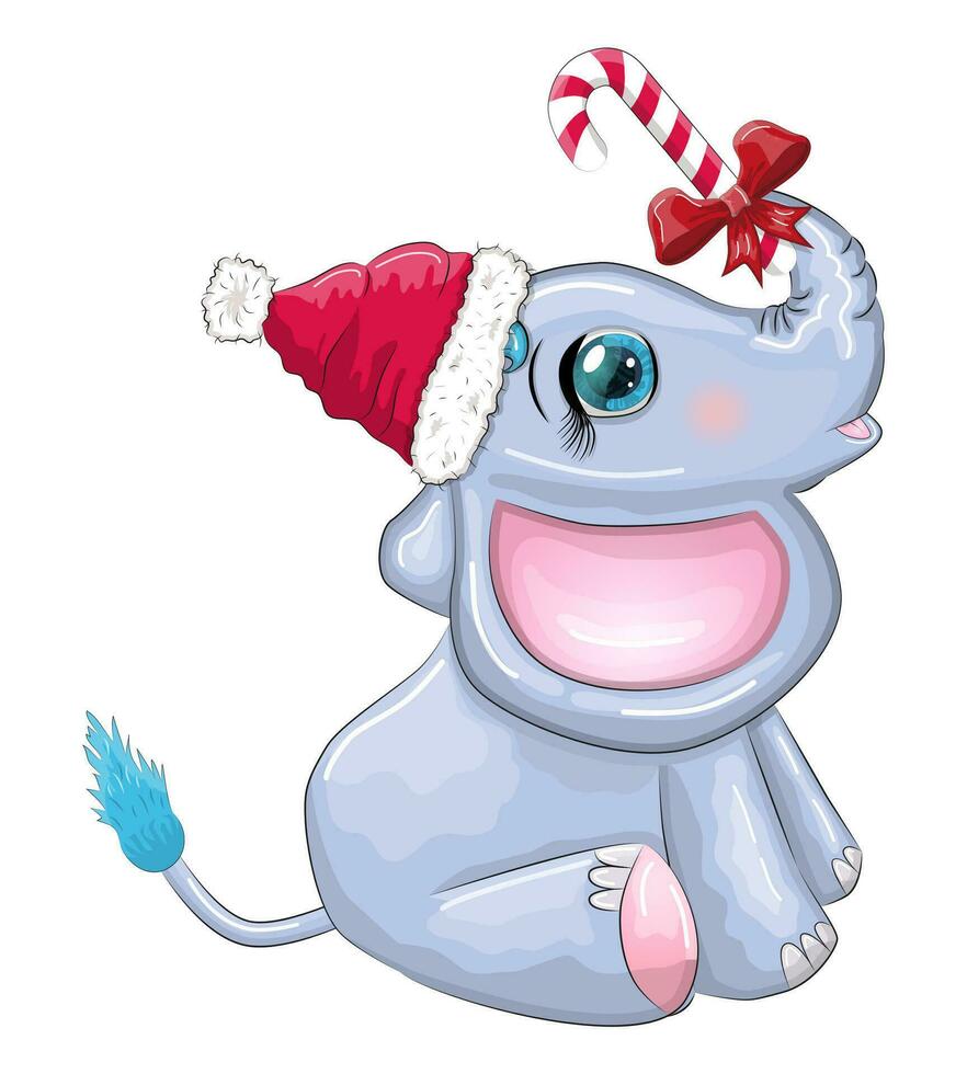 linda dibujos animados elefante, infantil personaje con hermosa ojos vistiendo Papa Noel sombrero, bufanda, participación regalo, Navidad pelota vector