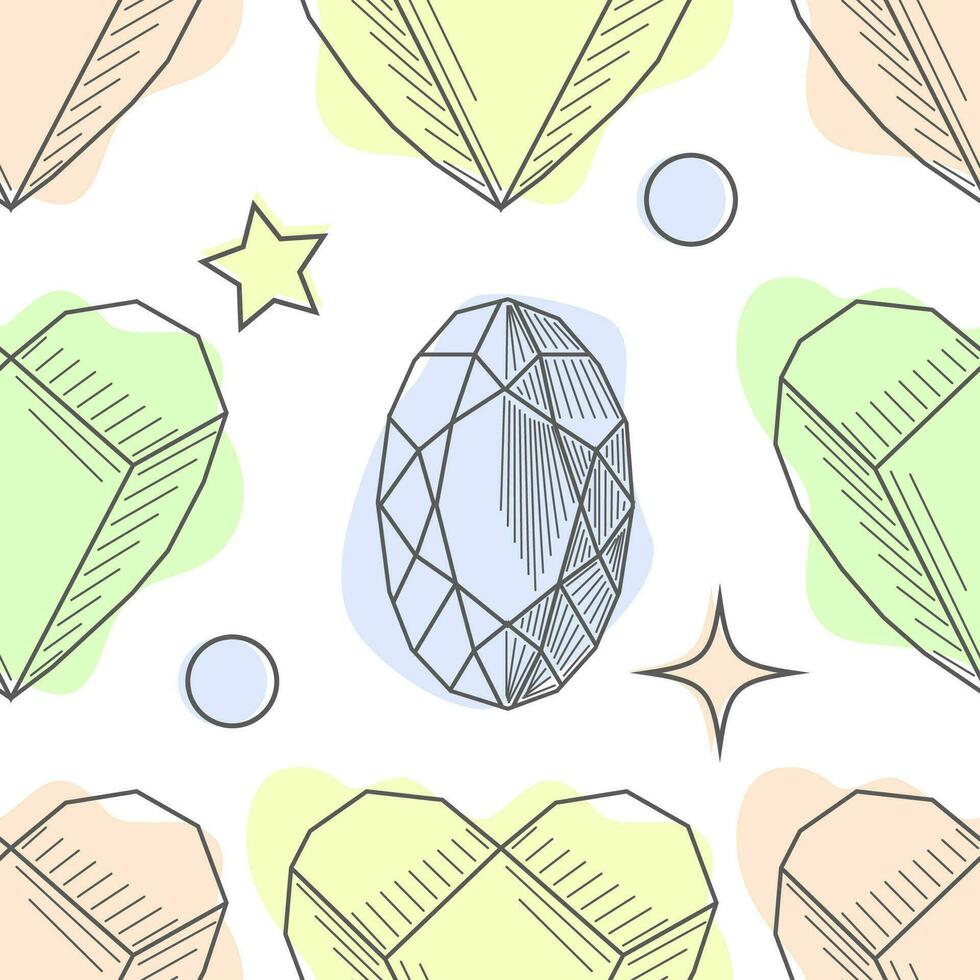 Colorful seamless pattern with hand drawn crystals and gems in pink, lilac tones with gold contour, illustration vector
