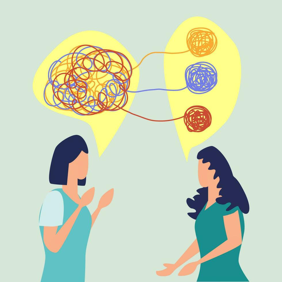 Psychotherapy illustration with hands and tangled thread, illustration vector