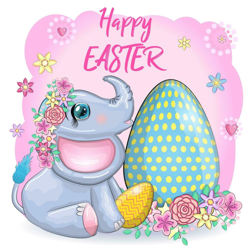Cute cartoon elephant, childish character with beautiful eyes holding an easter egg. Happy Easter vector