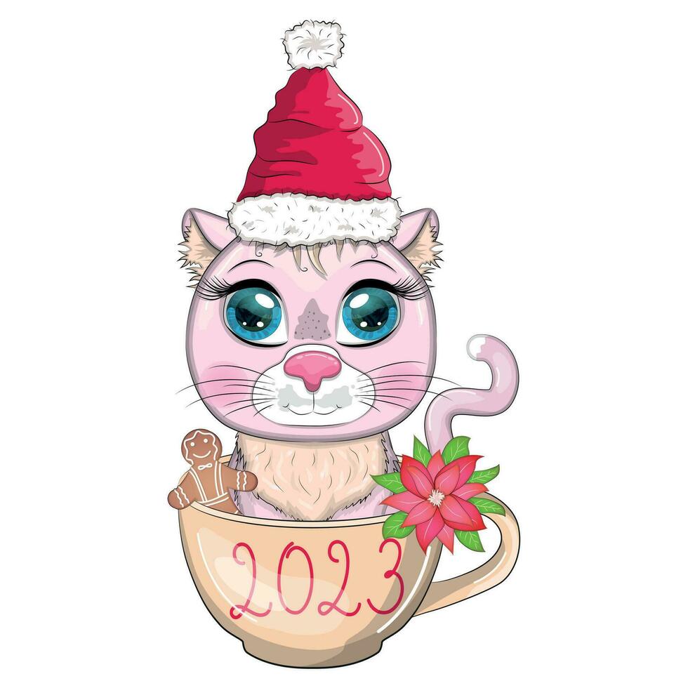 lindo gato de dibujos animados en un sombrero de santa en una taza con galletas y una inscripción. invierno 2023, navidad y nuevo chino vector