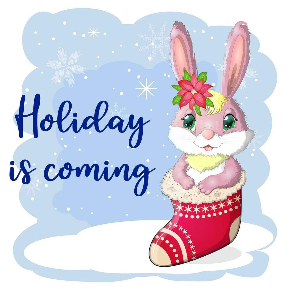 A cute cartoon rabbit in a Santa hat is sitting in a Christmas stocking. Winter 2023, Christmas and New Year vector