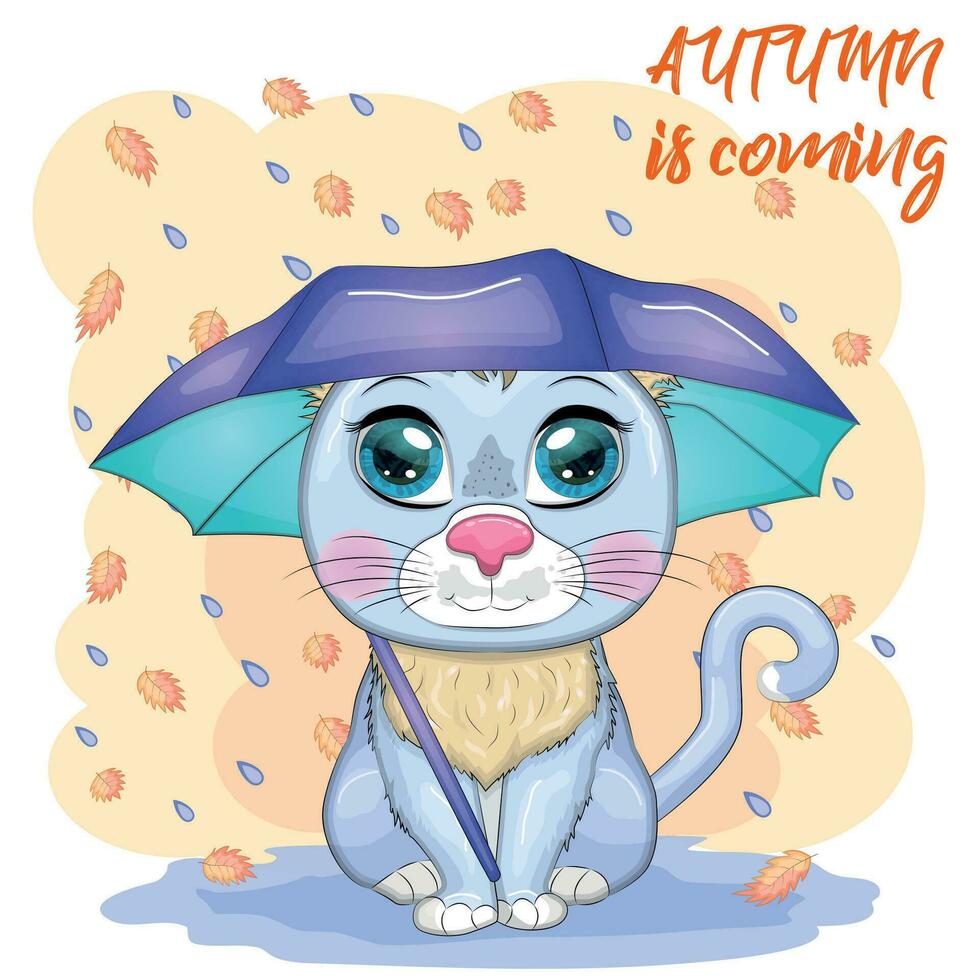 Cartoon cat with an umbrella. Autumn is coming. Cute child character, symbol of 2023 new chinese year vector