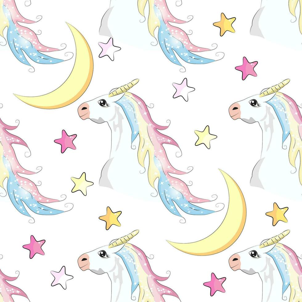 sin costura modelo con linda unicornios, nubes, arcoiris y estrellas. magia antecedentes con pequeño unicornios vector