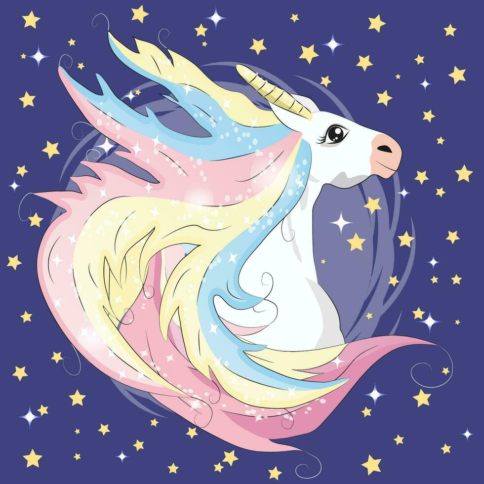 kawaii noche cielo composición con unicornio rosas estrellas y Luna creciente aislado en whte antecedentes. festivo antecedentes o saludo tarjeta. pastel godo paleta. vector