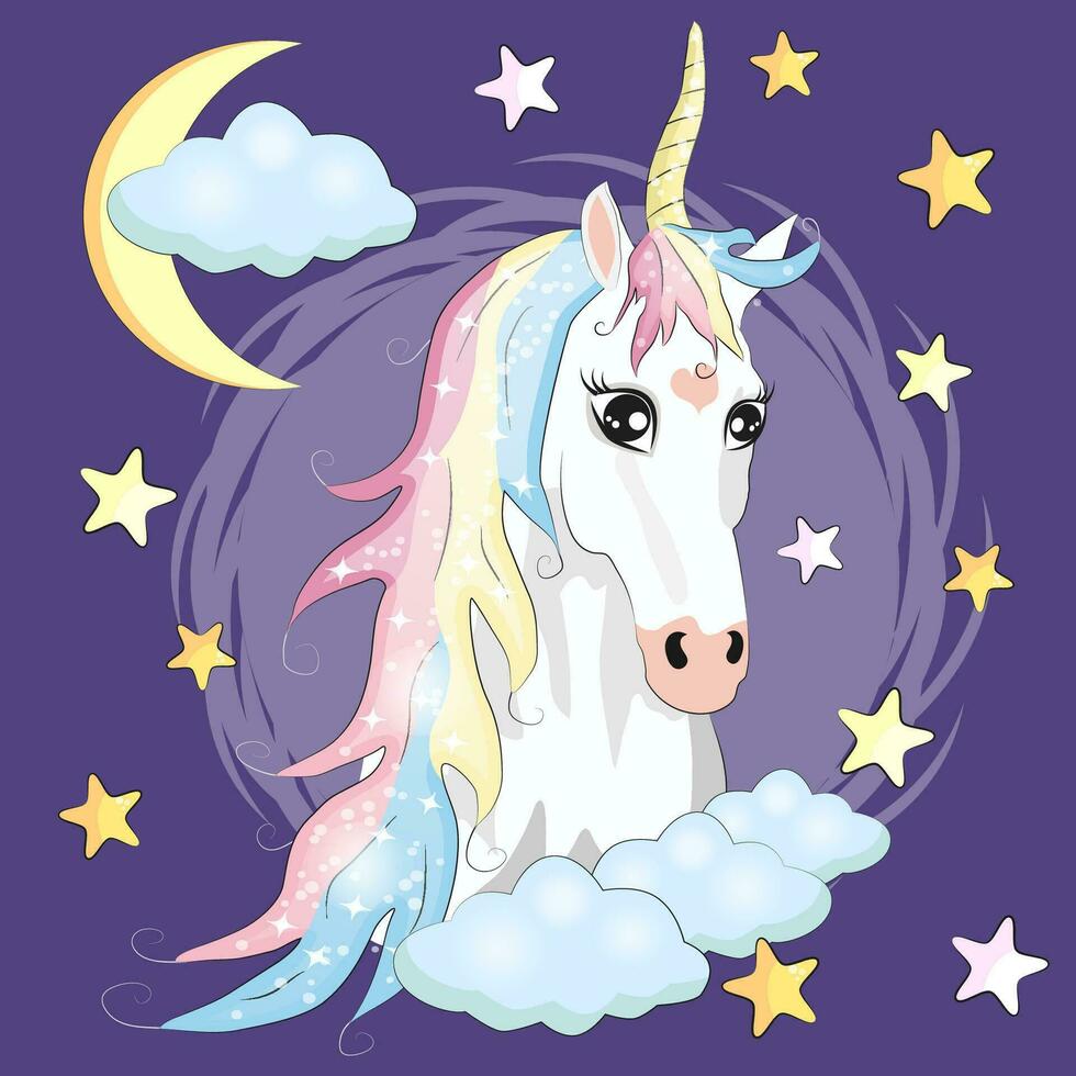 Kawaii Night sky composition with Unicorn Roses stars and moon crescent isolated on whte background. Festive background or greeting card. Pastel goth palette. vector