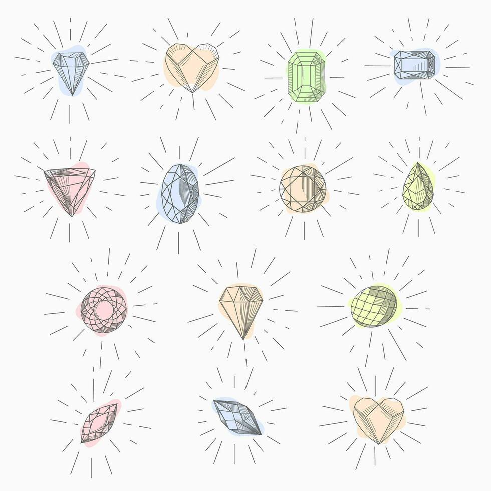 hand drawn line art crystals, isolated objects. Crystal stone crystalline gem and precious gemstone for jewellery illustration vector