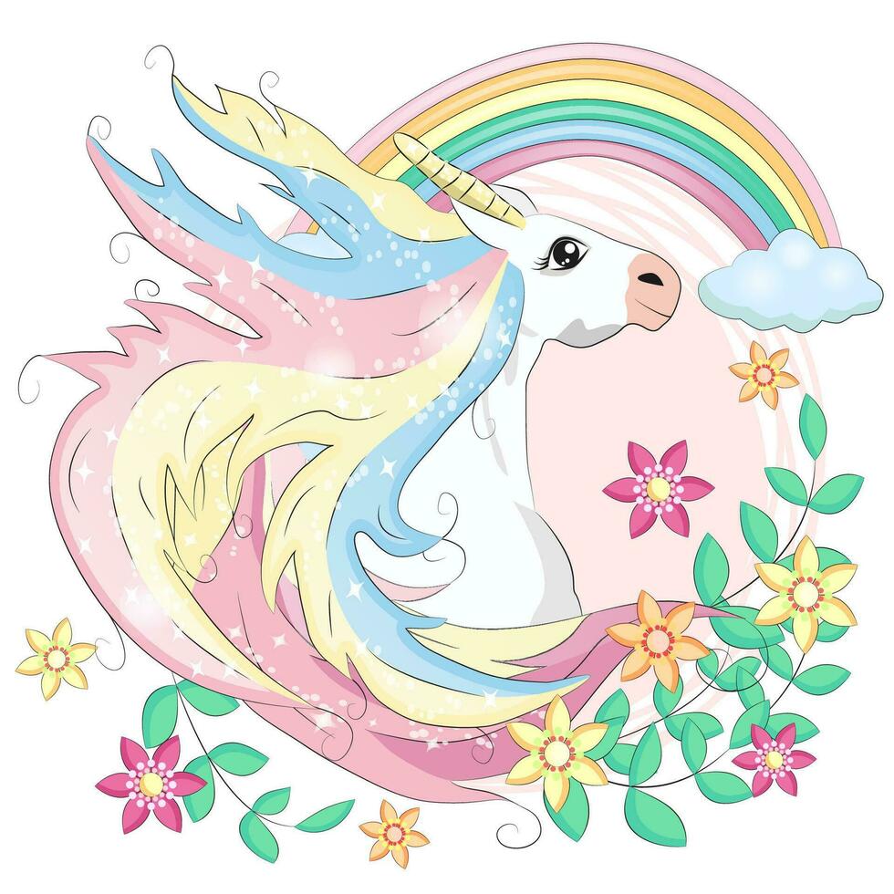 kawaii noche cielo composición con unicornio rosas estrellas y Luna creciente aislado en whte antecedentes. festivo antecedentes o saludo tarjeta. pastel godo paleta. vector