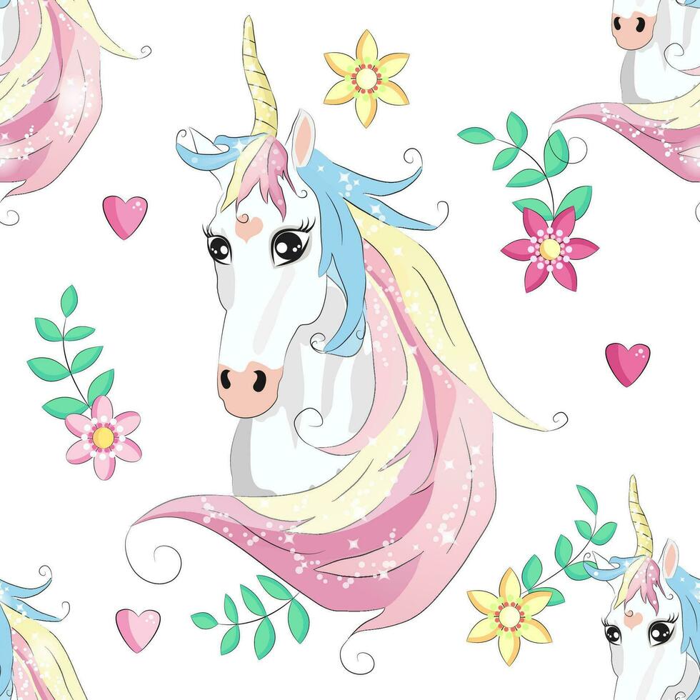 Seamless pattern with cute unicorns, clouds,rainbow and stars. Magic background with little unicorns vector