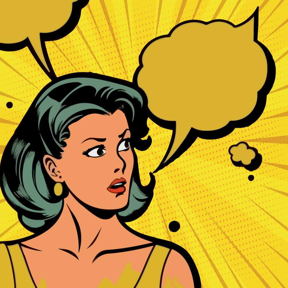 A comic book-style woman with a speech bubble. vector