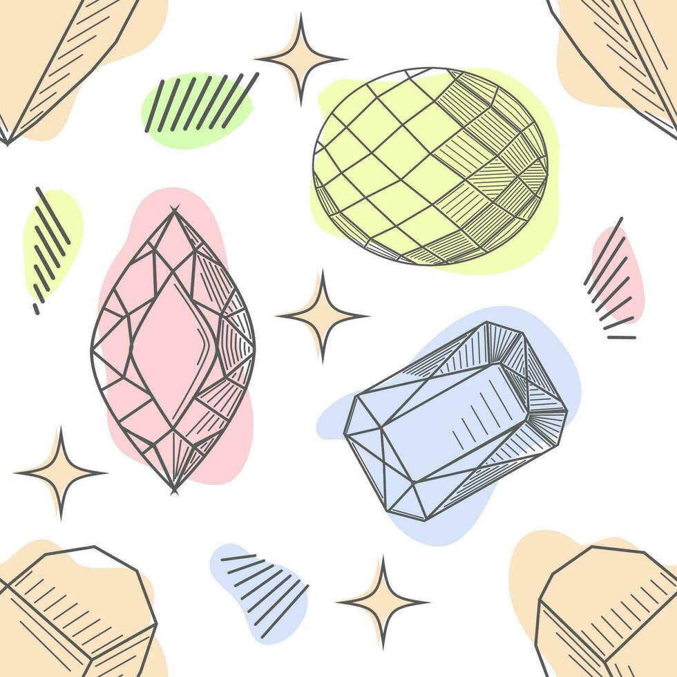 Colorful seamless pattern with hand drawn crystals and gems in pink, lilac tones with gold contour, illustration vector
