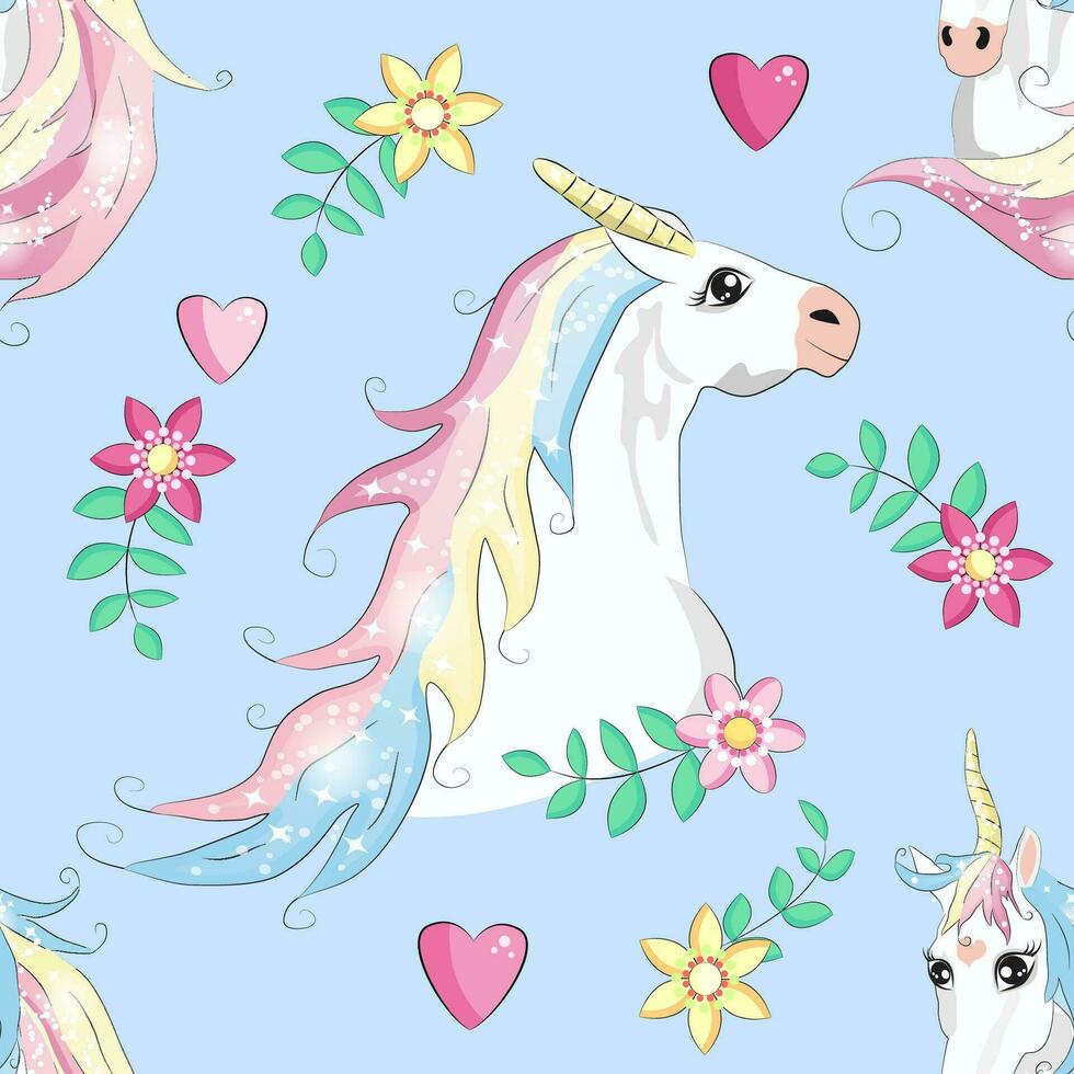 Seamless pattern with cute unicorns, clouds,rainbow and stars. Magic background with little unicorns vector