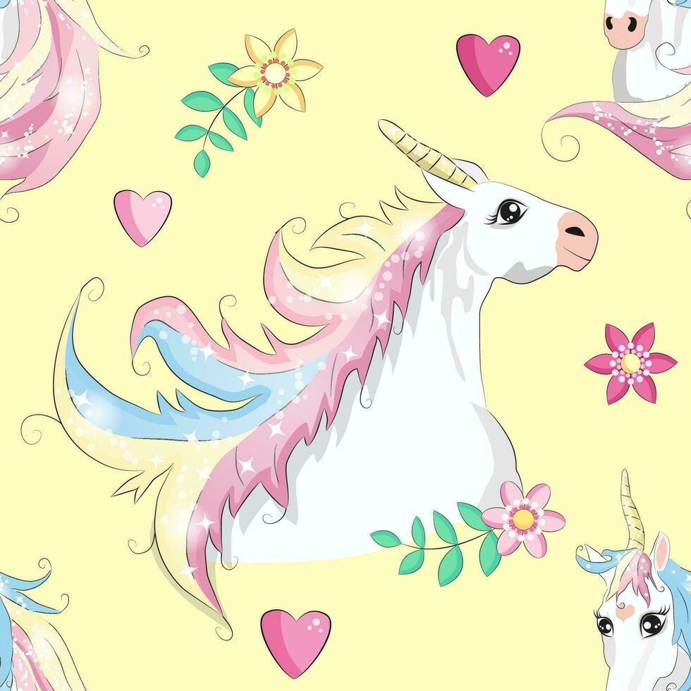 sin costura modelo con linda unicornios, nubes, arcoiris y estrellas. magia antecedentes con pequeño unicornios vector