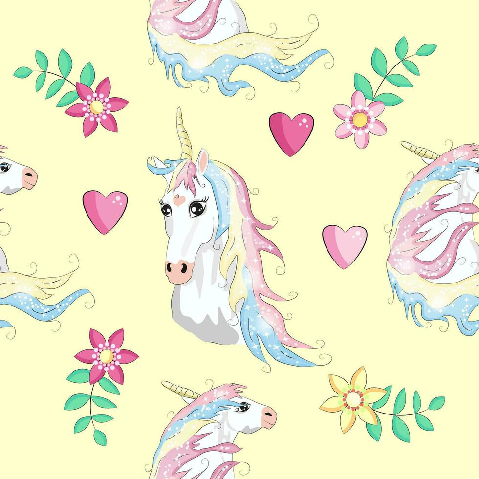 Seamless pattern with cute unicorns, clouds,rainbow and stars. Magic background with little unicorns vector