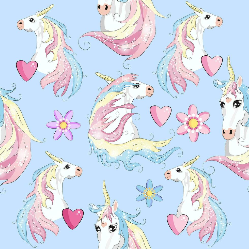 sin costura modelo con linda unicornios, nubes, arcoiris y estrellas. magia antecedentes con pequeño unicornios vector