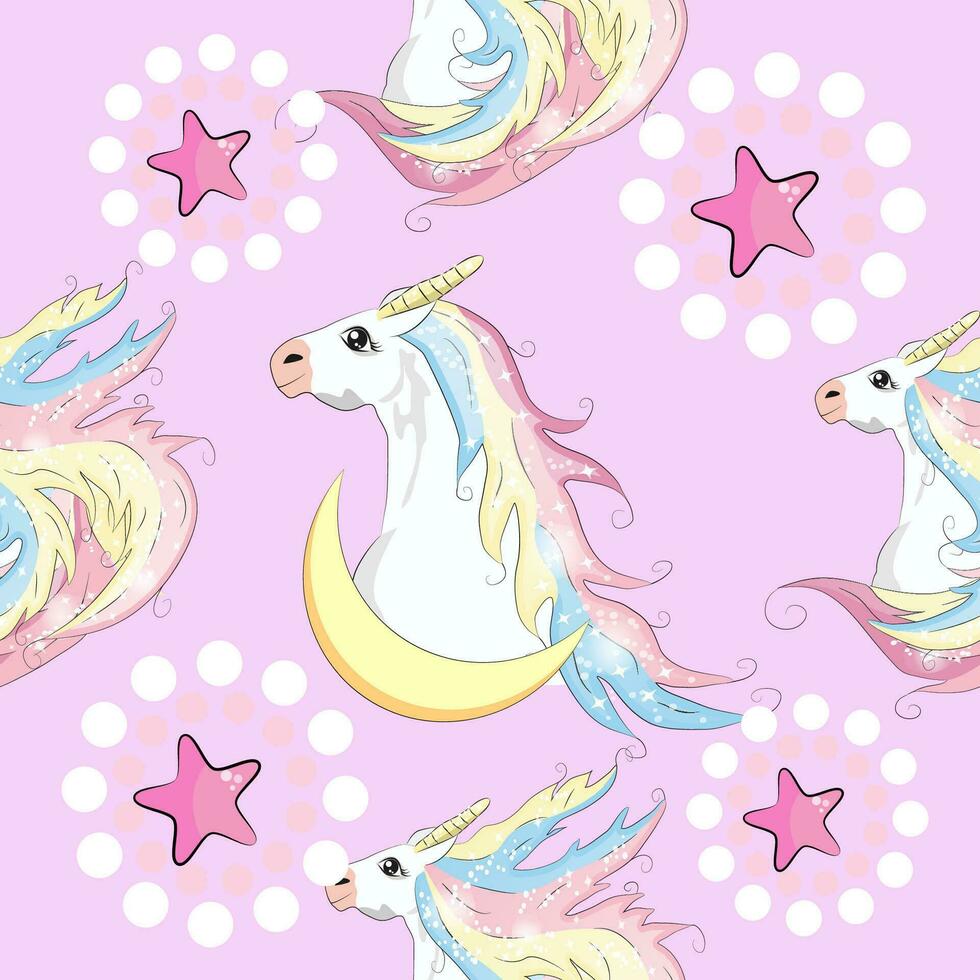 sin costura modelo con linda unicornios, nubes, arcoiris y estrellas. magia antecedentes con pequeño unicornios vector