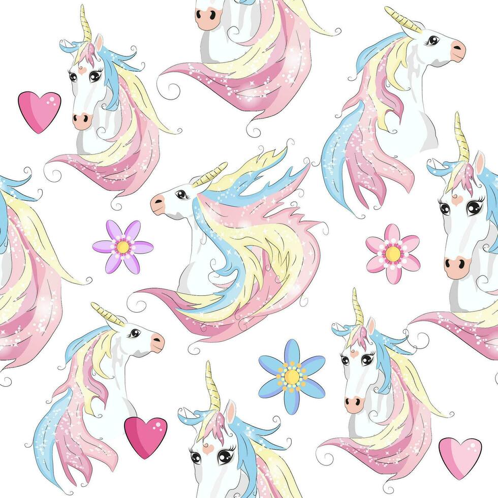 Seamless pattern with cute unicorns, clouds,rainbow and stars. Magic background with little unicorns vector