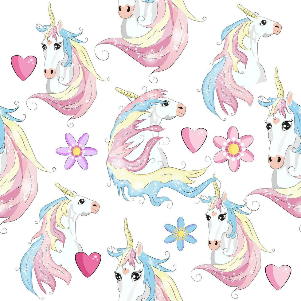 Seamless pattern with cute unicorns, clouds,rainbow and stars. Magic background with little unicorns vector