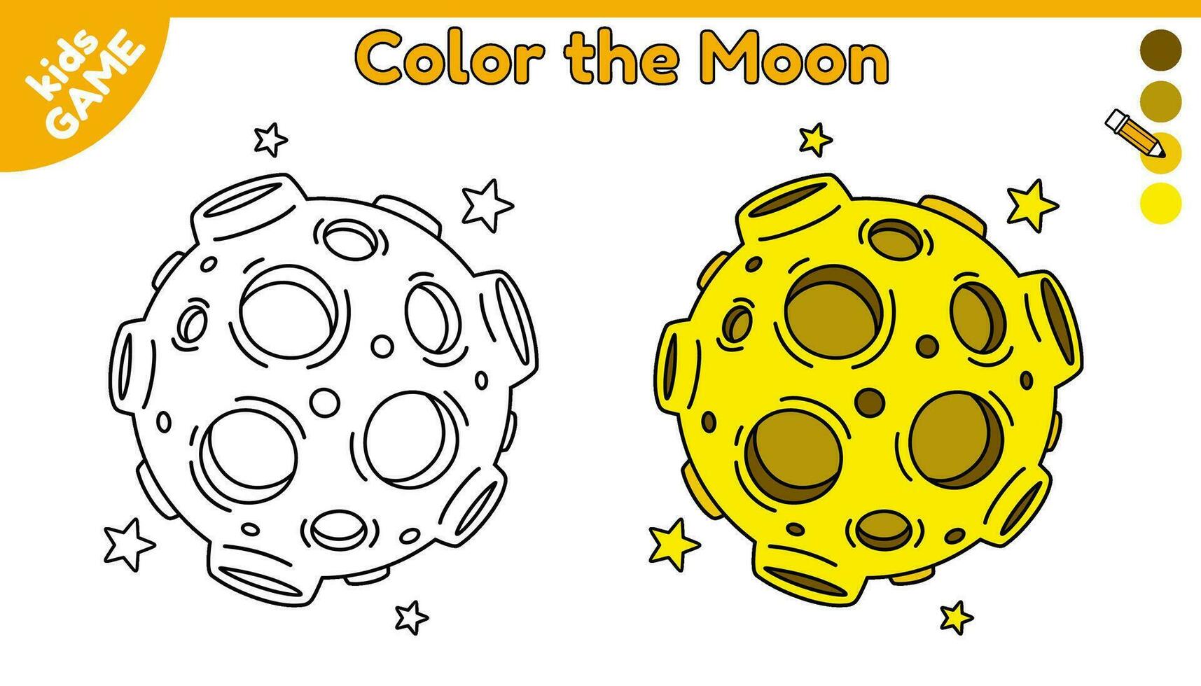 Page of coloring book for kids. Color cartoon Moon. Outline planet of solar system. Activity for kindergarten and preschool children. Vector black and white design on space theme.