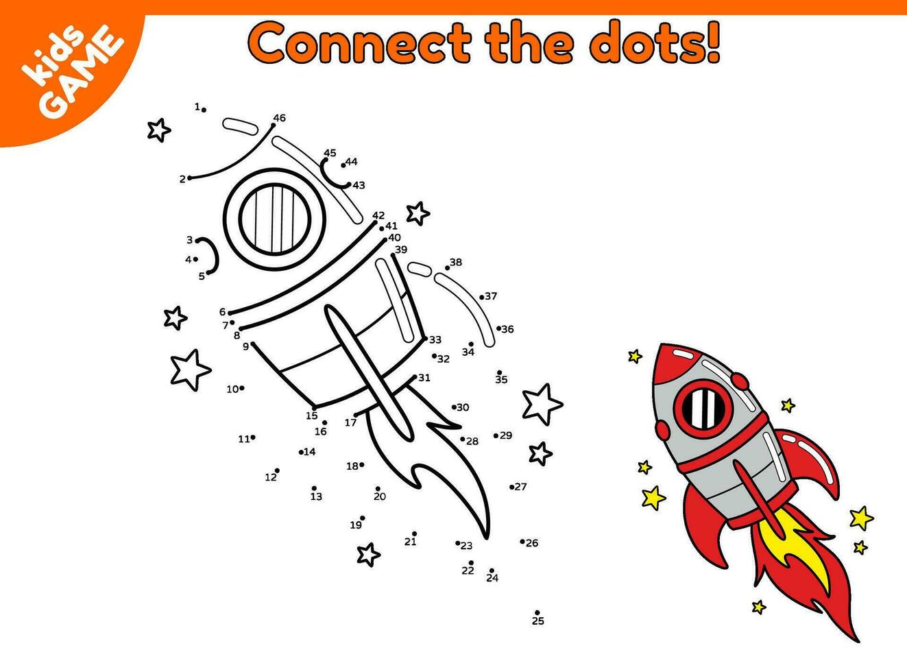 Dot to dot by numbers game for children. Connect the dots and draw a cartoon flying rocket in space. Educational activity book for kids. Worksheet for preschool and school education. Vector spaceship.