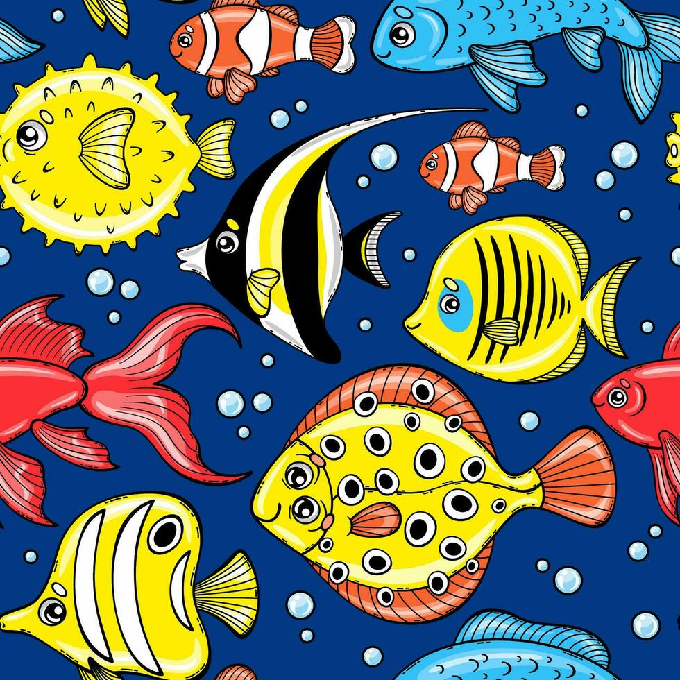 vistoso sin costura modelo con dibujos animados Oceano peces en un azul antecedentes. de colores vector ilustración de linda mar animales