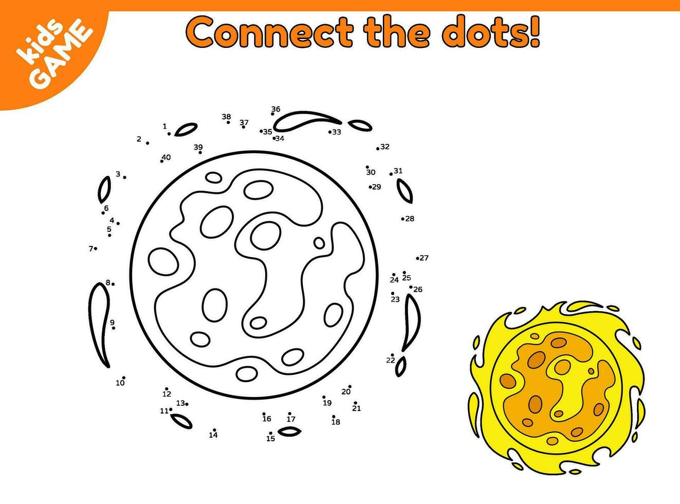 Dot to dot game for children. Connect the dots and draw a cartoon star sun in space. Activity book for kids. Educational puzzle for preschool and school. Vector drawing of celestial body in cosmos.
