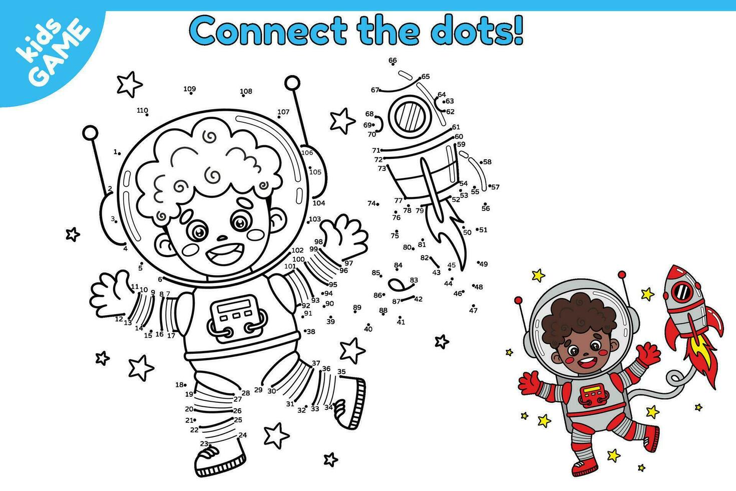 Dot to dot game for children. Connect the dots, draw a cartoon astronaut boy african american with rocket in space and color it. Activity book for kids. Vector spaceman dark skinned in cosmos.