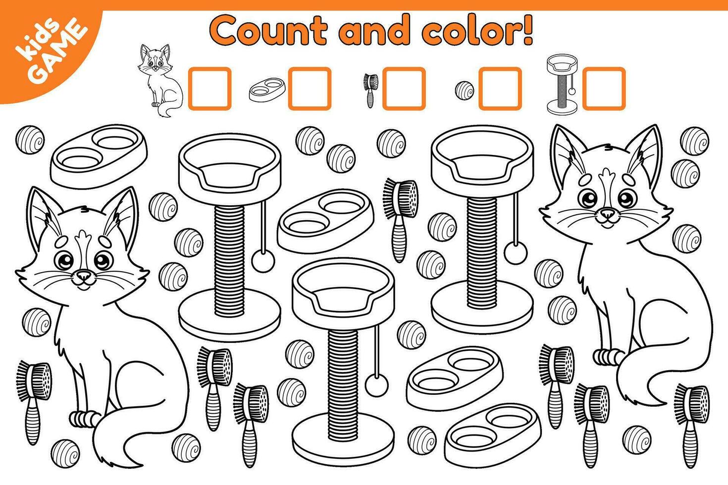 Counting game for preschool and school children. Math kids activity sheet. How many cartoon cats and accessories. Find, count and color. Coloring page with cartoon kitten. Vector illustration.