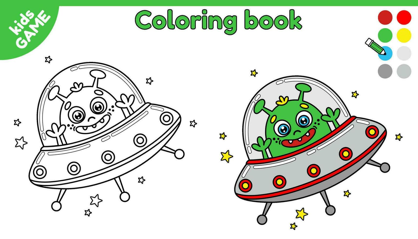 página de colorante libro para niños. color dibujos animados extraterrestre en volador platillo. contorno extraterrestre en espacio. actividad para jardín de infancia y preescolar niños. aislado vector negro y blanco diseño.