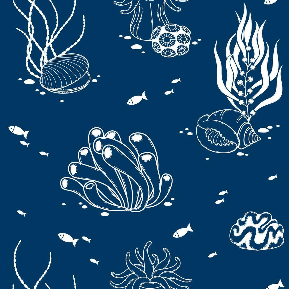 vector sin costura modelo con algas, conchas marinas, corales, peces y anémonas ilustración en un azul antecedentes. diseño en marina tema. Perfecto para fondo de pantalla, tela, textil, envase papel y otro.