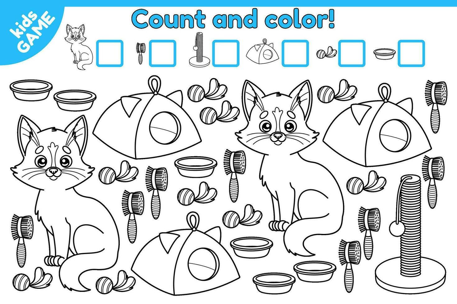 Counting game with cartoon kittens and cat accessories. Math kids activity sheet. Find, count and color. How many objects task. Educational worksheet for children. Outline vector illustration.