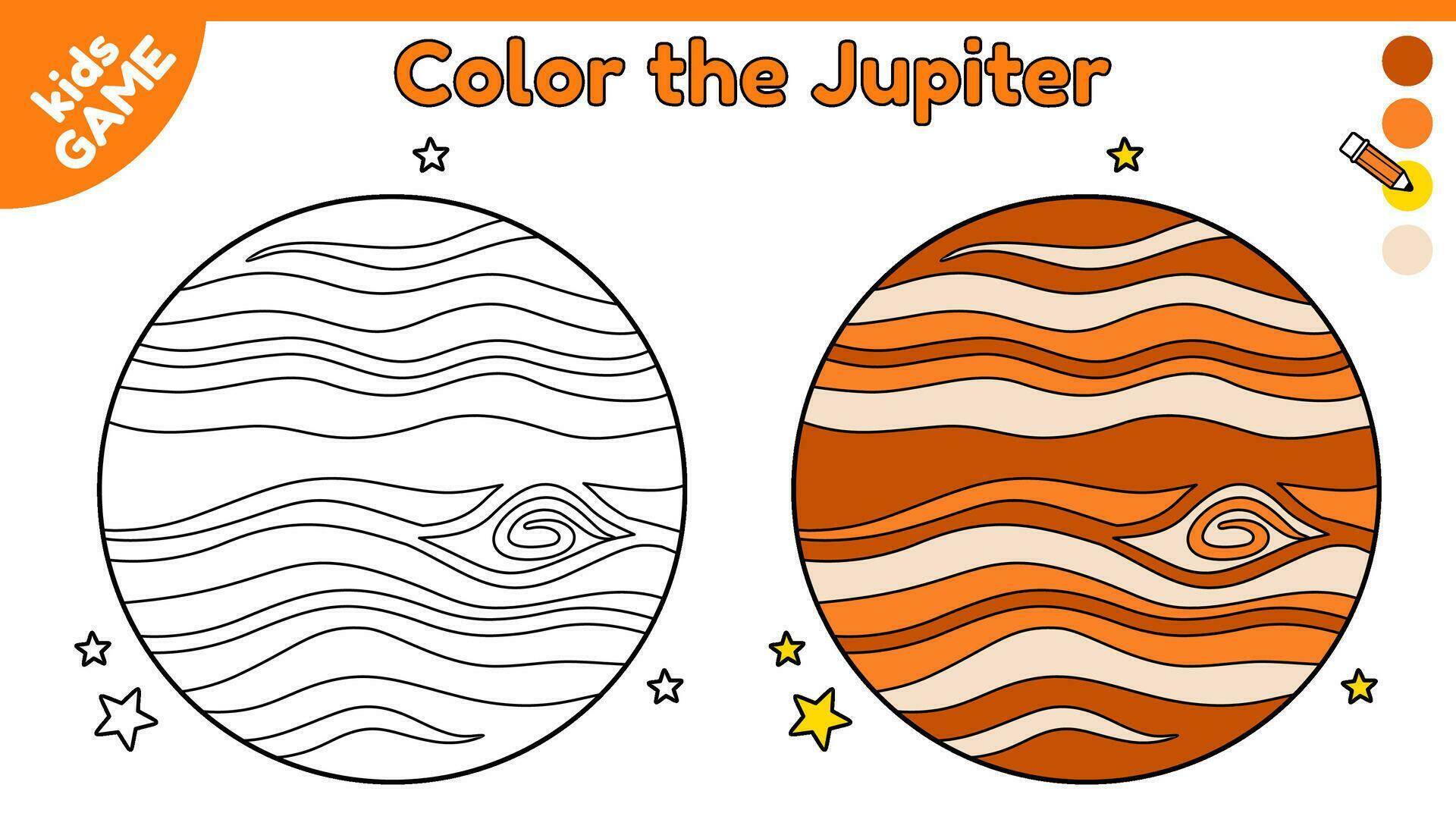 Page of coloring book for kids. Color cartoon the Jupiter in space