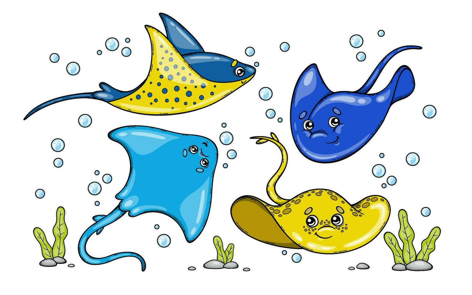 Various isolated sea and ocean stingrays on a white background. Vector illustration with underwater animals in cartoon childish style.